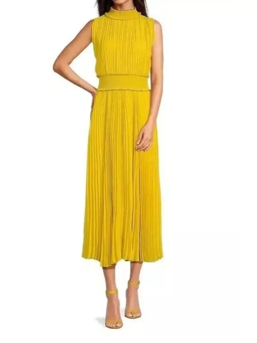 Nanette Lepore Dress Golden Cypress Sleeveless Accordion Pleat Midi size 8
